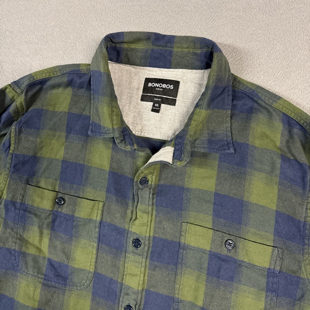 Bonobos Shirt Mens XXL 2XL Green Blue Check Everday Slim Fit Long Sleeve Button